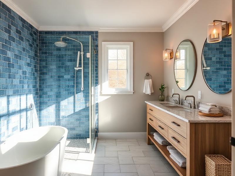 Spa-like bathroom with walk-in shower and blue tile accents