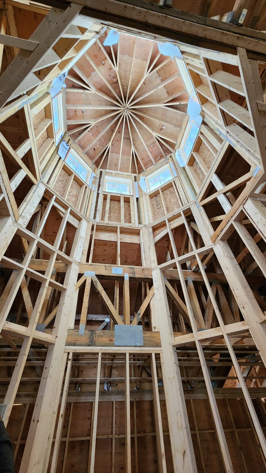 Structural carpentry detail of an octagonal timber dome
