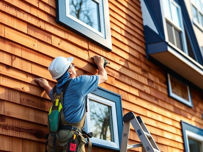Worker installing high-end cedar shake siding on a coastal home